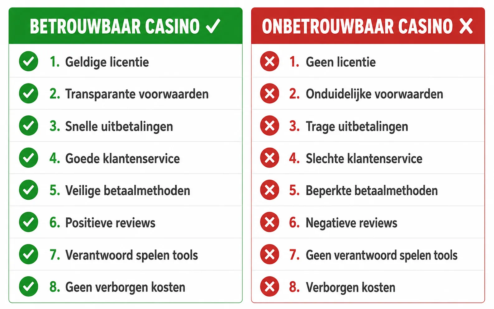 Checklist betrouwbaar casino zonder Cruks versus onbetrouwbaar casino — 8 controlepunten